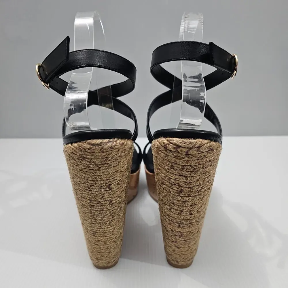 Stuart Weitzman 5050 Espadrille Wedge Platform Sandal 11 Black Leather Cork - Picture 10 of 14